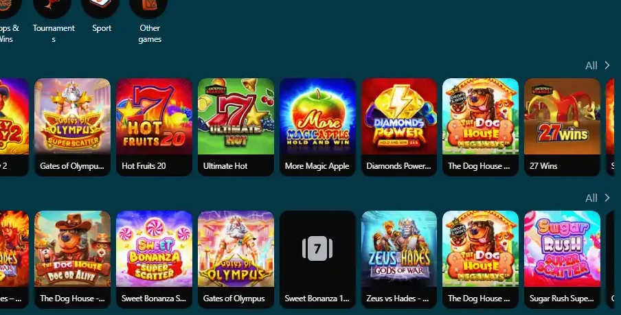Home screen of the Topmatch gaming section with trending slots, drops and the roster of studios