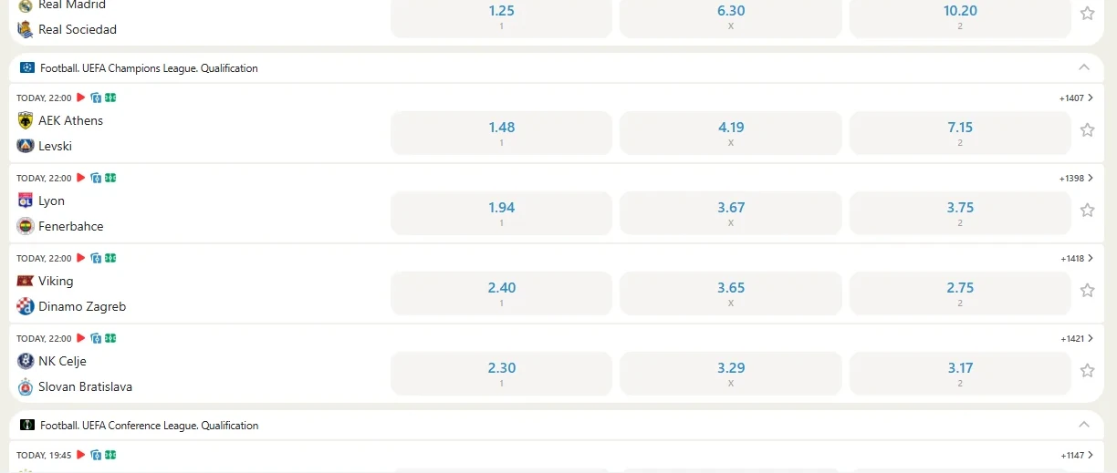 Topmatch sports line with odds and the live section