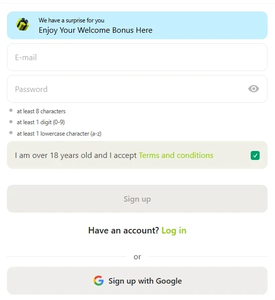 Topmatch registration form — email, password and acceptance of the rules